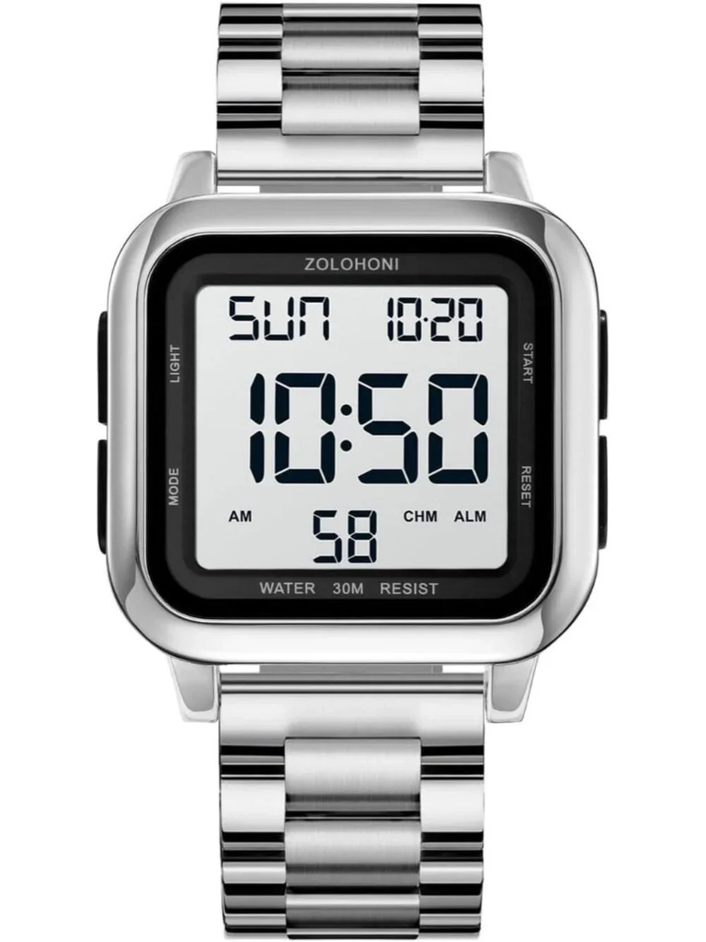 Men's Silver Analog Quartz Stainless Steel Waterproof Square LED Digital Watch